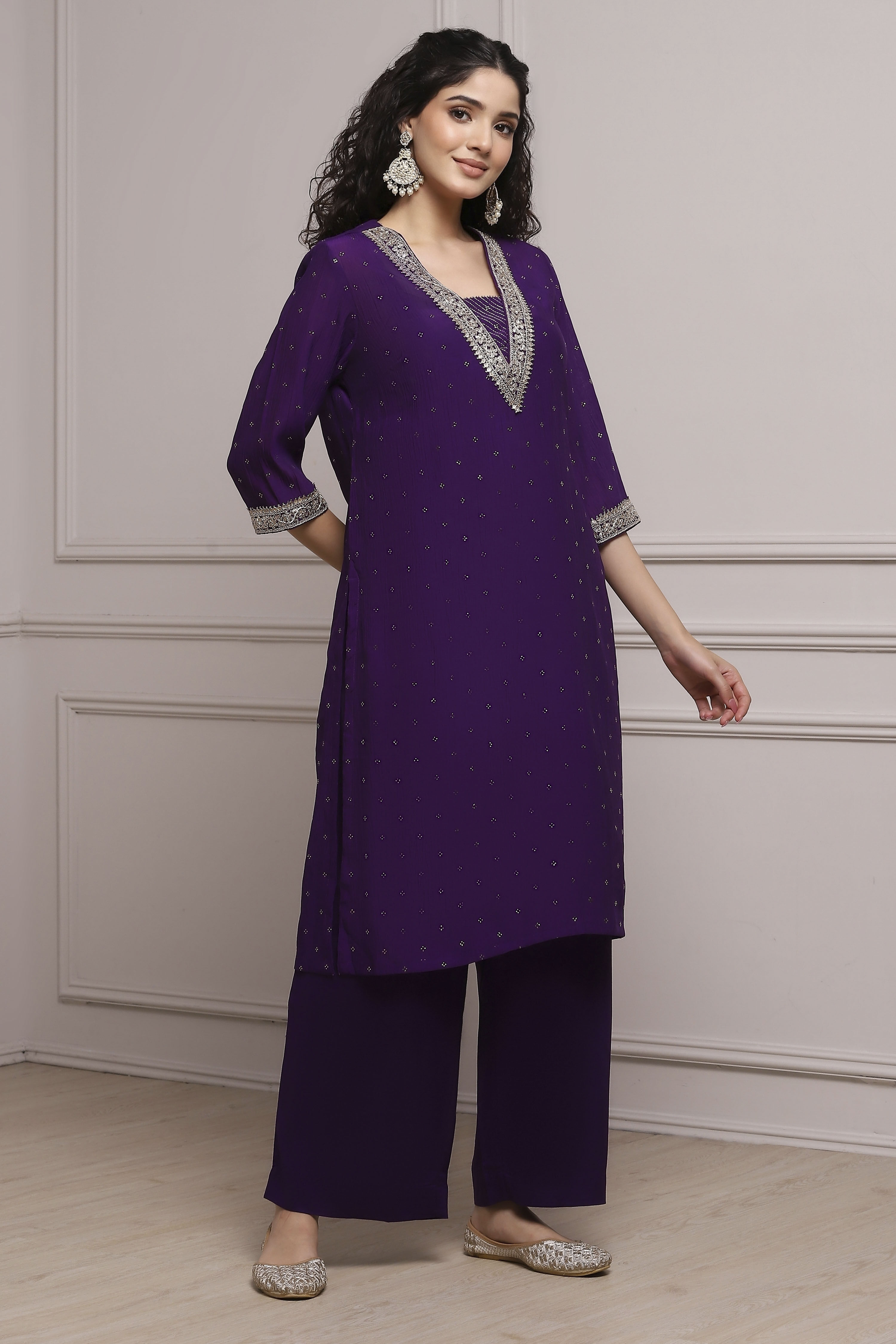Purple Art Silk Straight Kurta Pants Set image number 5
