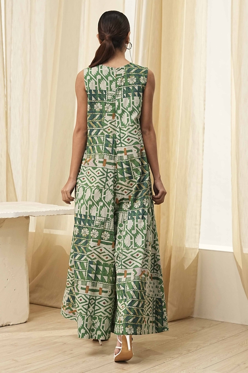 Green Cotton Printed Flared Jumpsuit image number 3