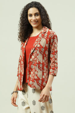 Terracotta Cotton Straight Printed Jacket image number 4