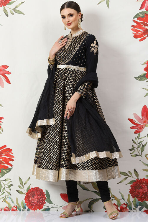 Rohit Bal Black Cotton Silk Anarkali Yarndyed Suit Set image number 0