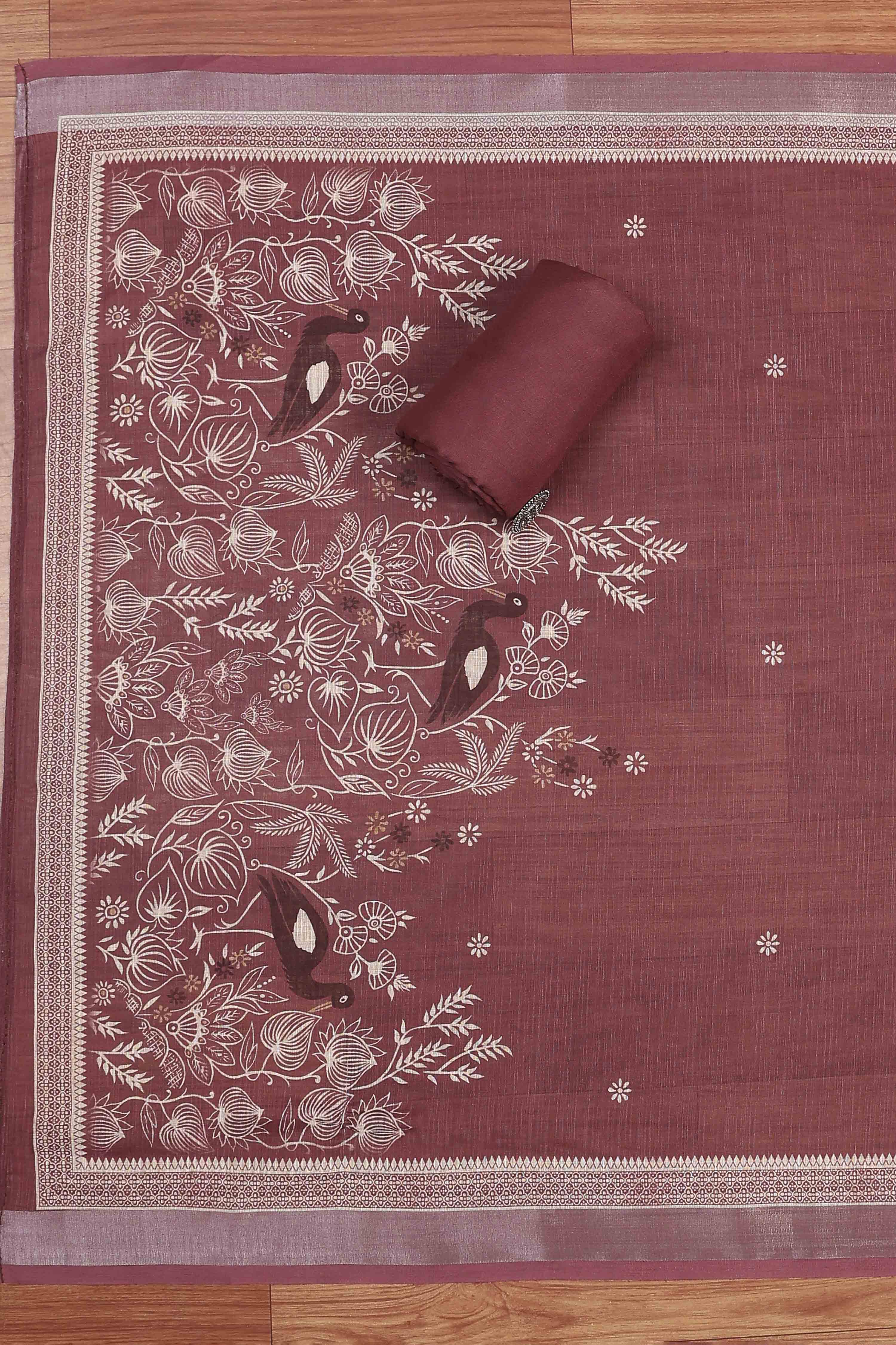 Dark Beige Linen Embroidered Unstitched Suit Set image number 3
