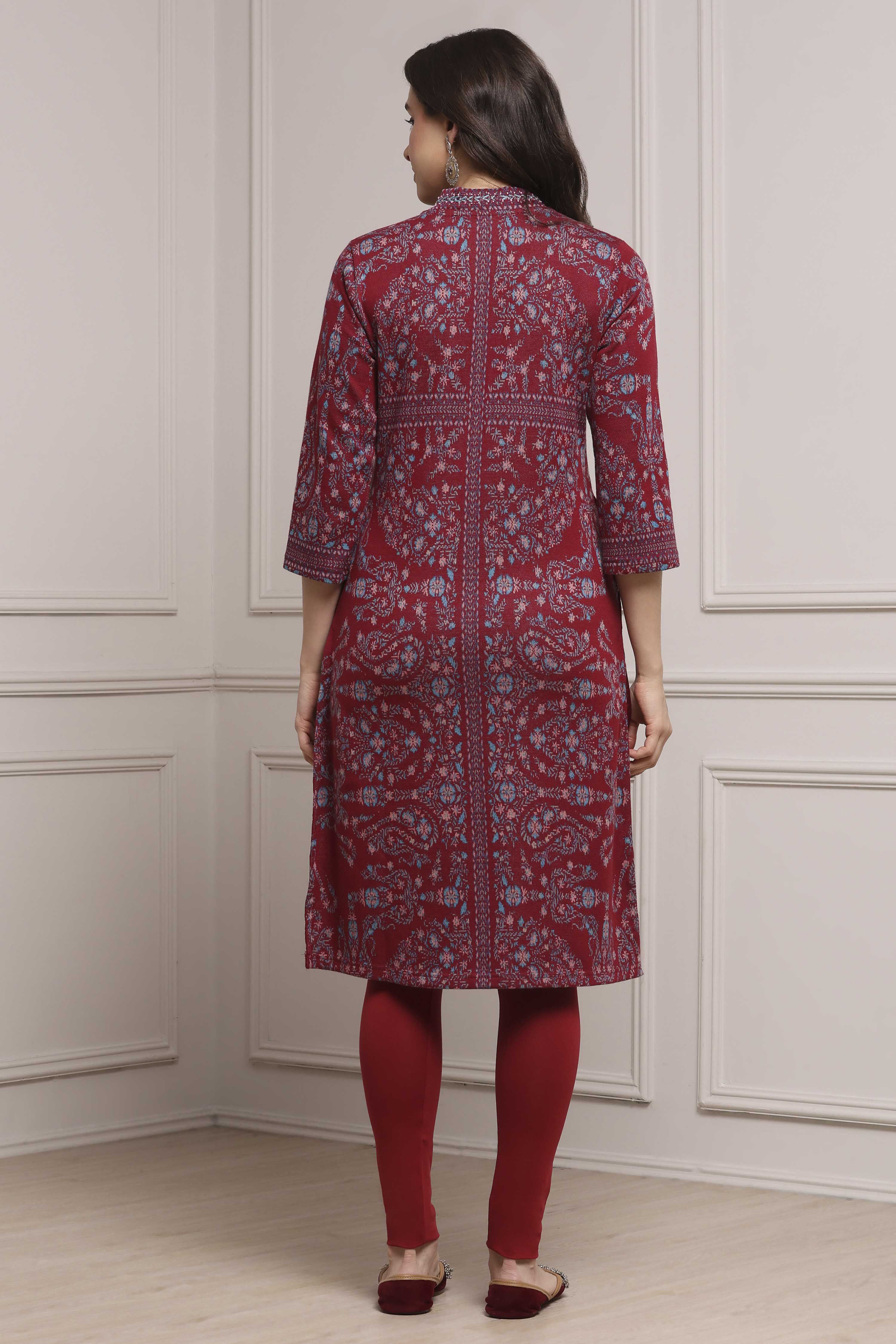 Earthy Green Yarn-Dyed Printed Straight Winter Kurta image number 3