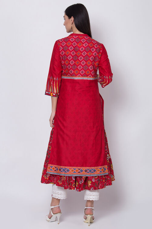 Red Cotton A-Line Printed Kurta image number 6