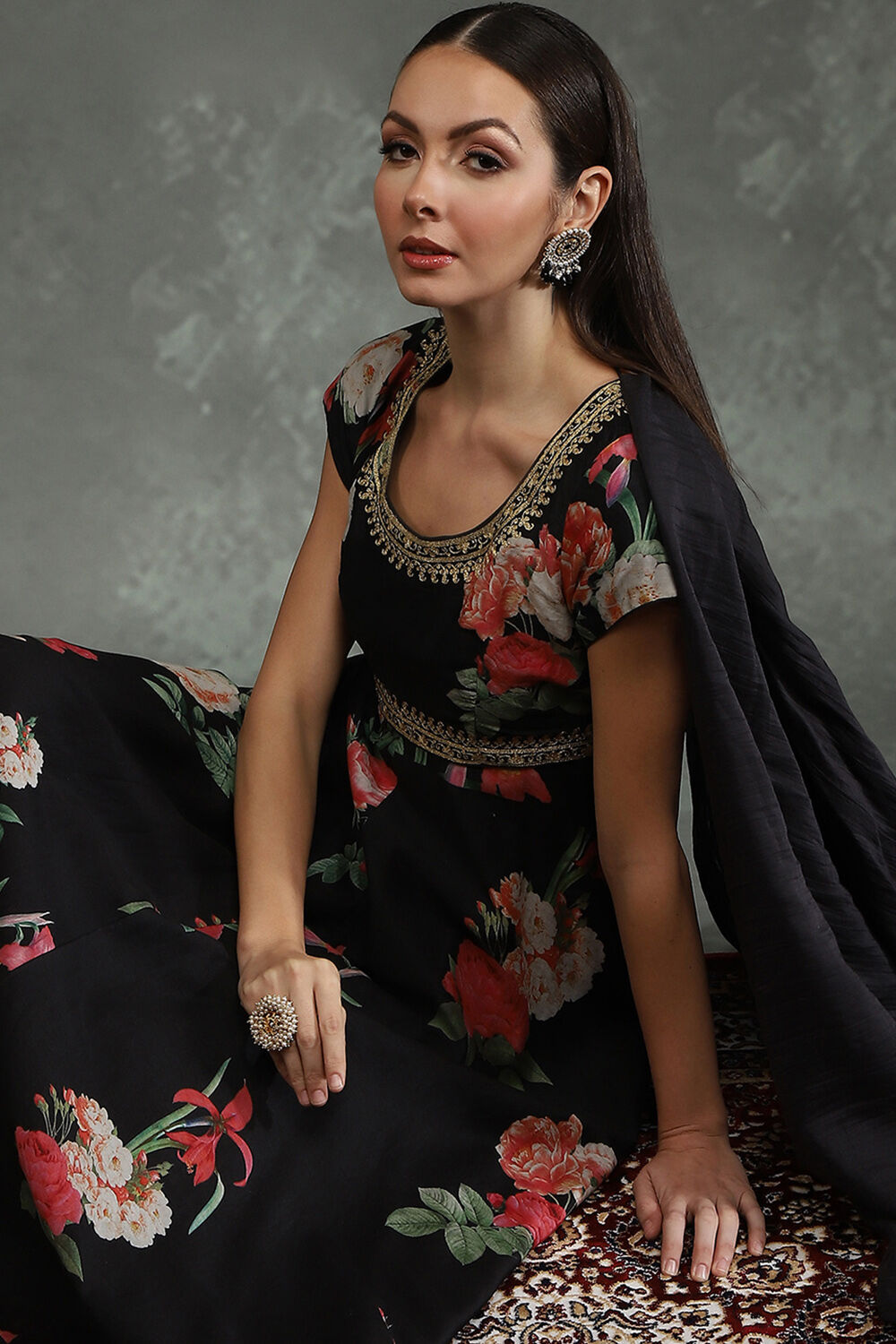 Black Silk Chanderi Floral Printed Anarkali Suit Set image number 0