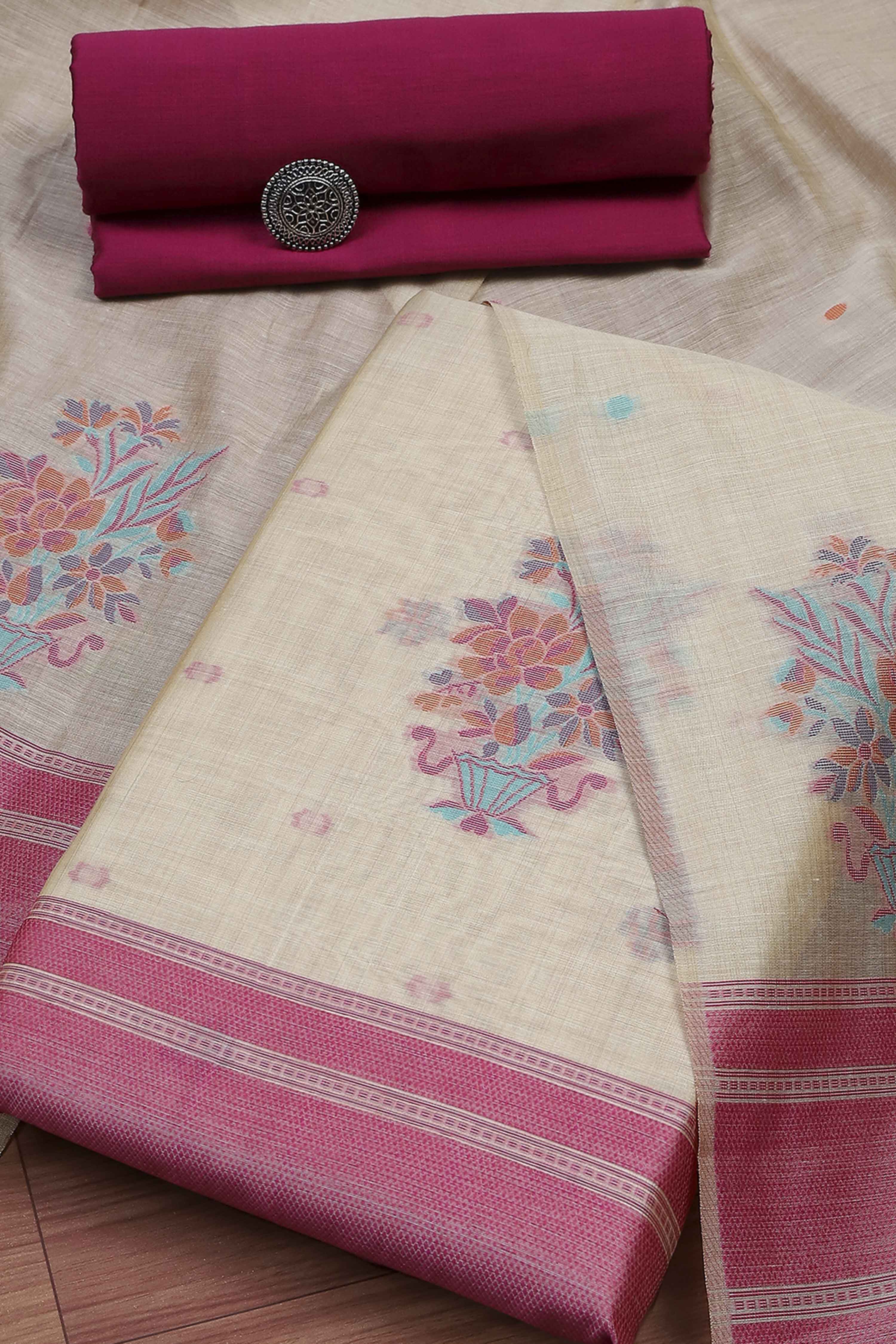 Rust Cotton Jamdani Unstitched Suit Set image number 0