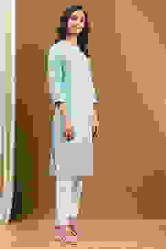 Ice Blue Cotton Solid Regular Fit Straight Kurta image number 4