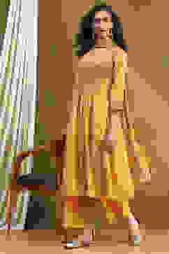 Mustard Yellow Cotton Printed Flared Festive Suit Set image number 0