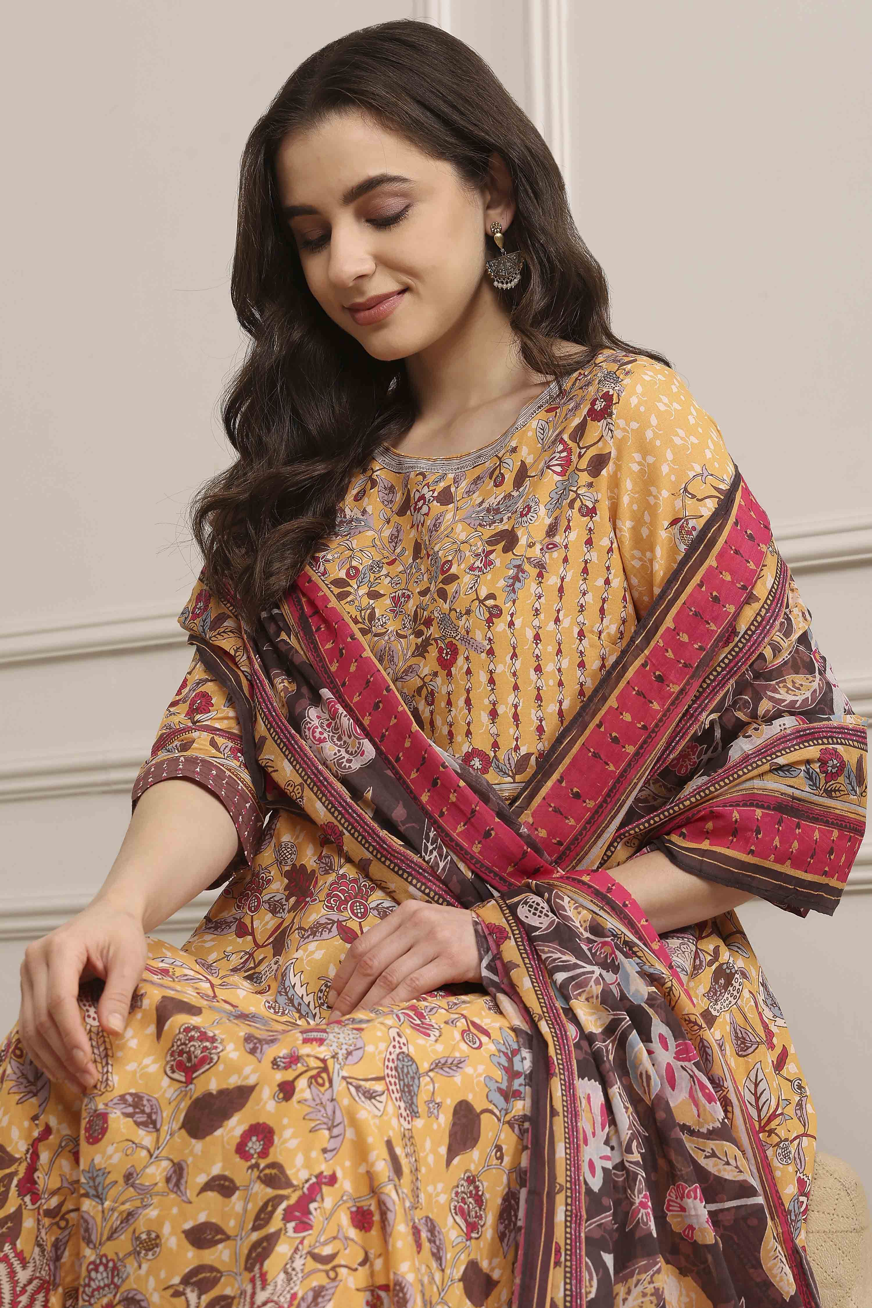 Beige Cotton Printed Anarkali Suit Set image number 7