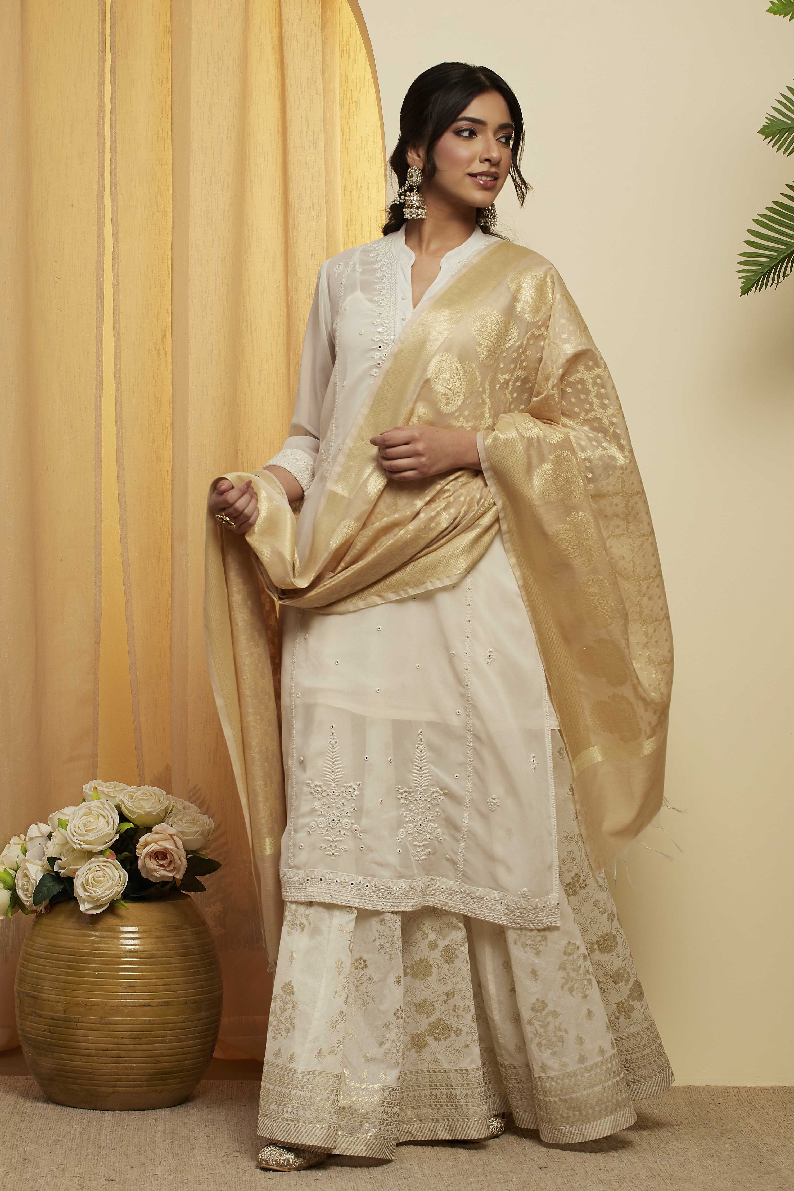 Beige Tasseled Woven Design Dupatta image number 0