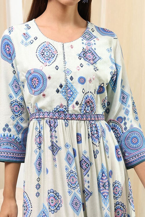 Ecru Viscose Rayon Tiered Printed Dress image number 1
