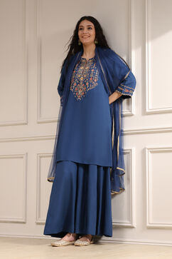 Navy Blue Embroidered Straight Suit Set image number 5