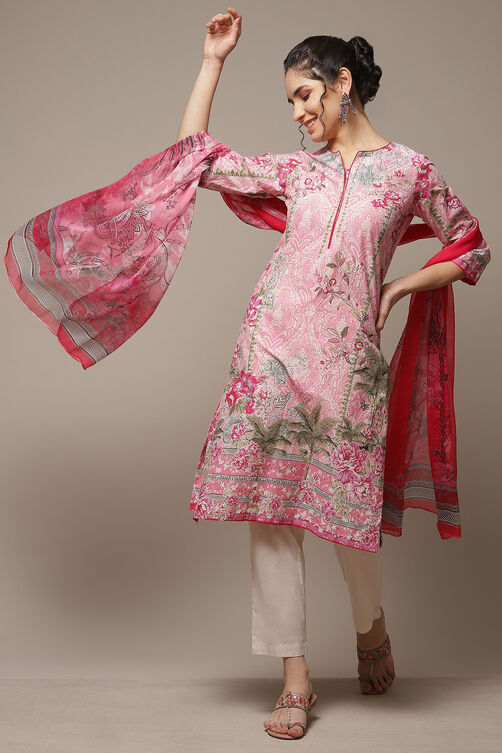 Pink Cotton Straight Kurta Pants Suit Set image number 0