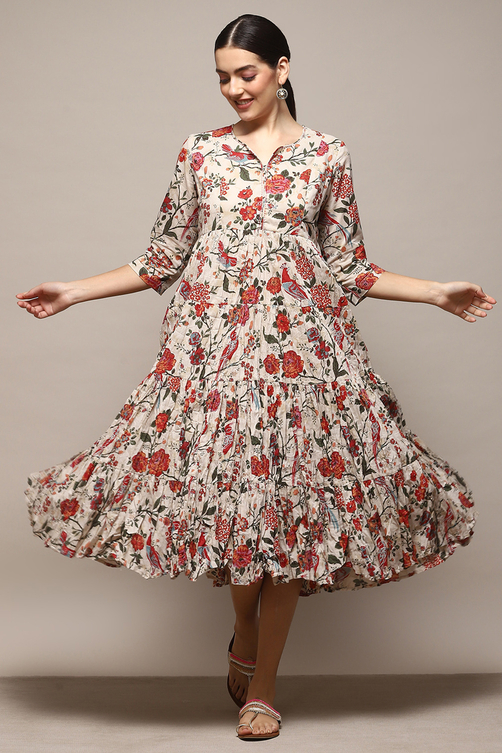 Green & Maroon Cotton Flared Printed Dress image number 0