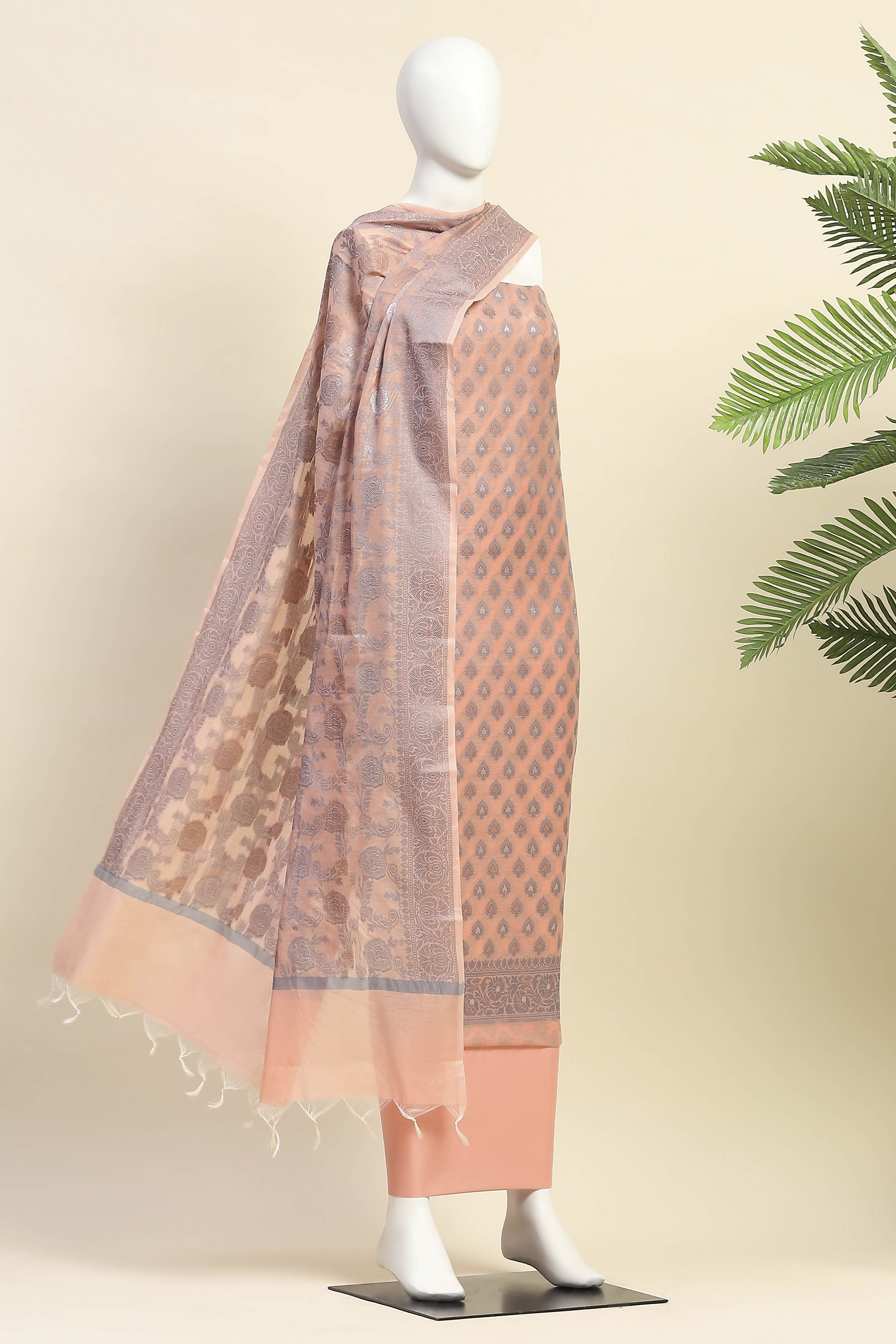 Beige Cotton Printed Embroidered Unstitched Suit Set image number 4