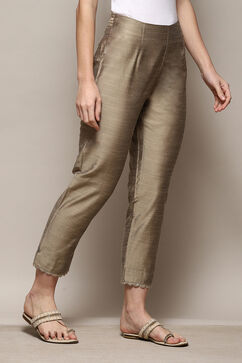 Antique Beige Polyester Slim Yarndyed Pants image number 3