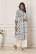White and Blue Cotton Printed Pleated Straight Kurta image number 4