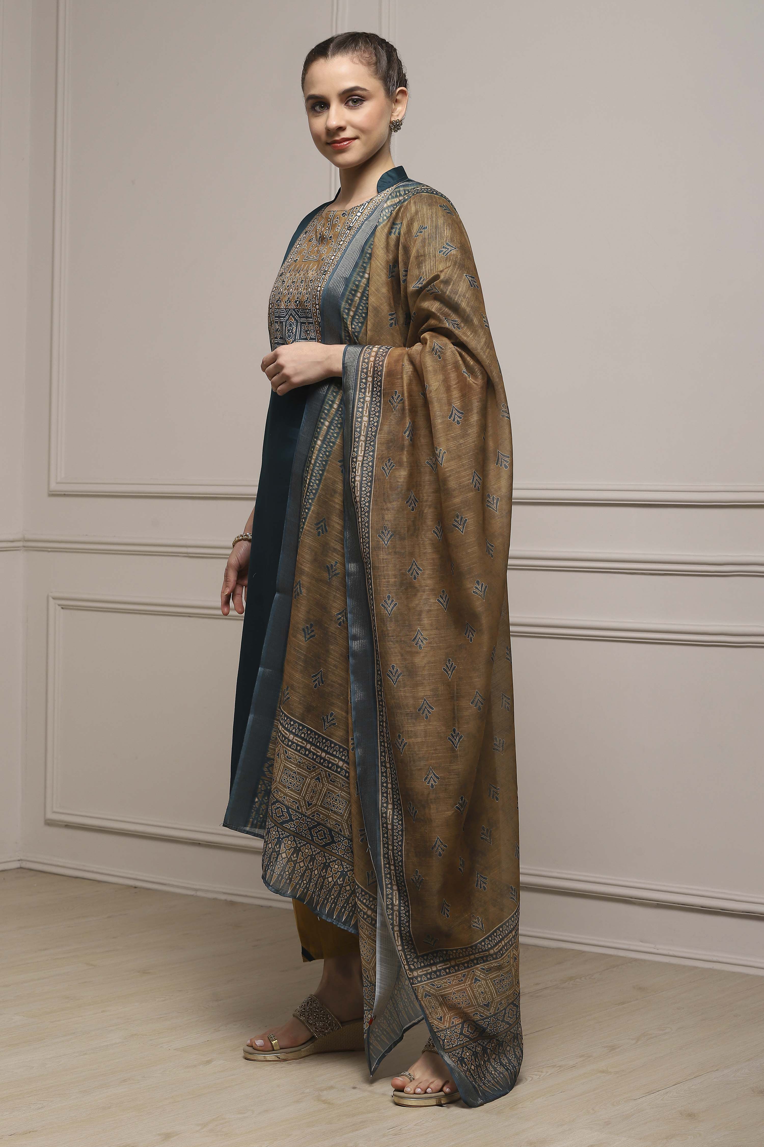 Blue Cotton Printed Embroidered Unstitched Suit Set image number 4