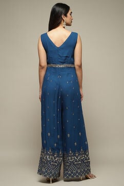 Blue Viscose Straight Embroidered Jumpsuit image number 3