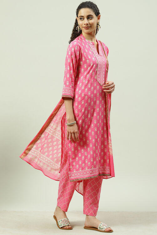 Pink Cotton Screen Print Unstitched Suit Set image number 6