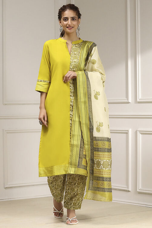 Mustard Cotton Modal Digital Print Unstitched Suit Set image number 1