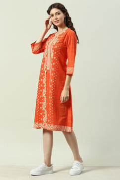 Red Cotton A-Line Printed Kurta Dress image number 2