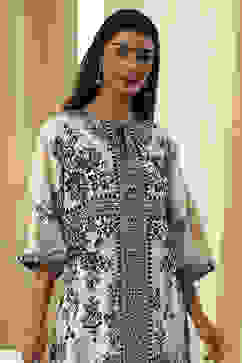 Off-White and Black Pure Cotton Printed Kurta Set image number 1
