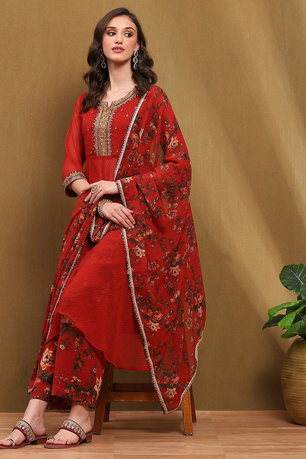 Red Georgette Asymmetric Suit Set Kur Pla Dup at Biba Global