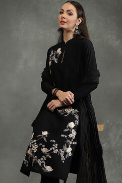 Rohit Bal Black Silk Chanderi Floral Straight Suit Set image number 1