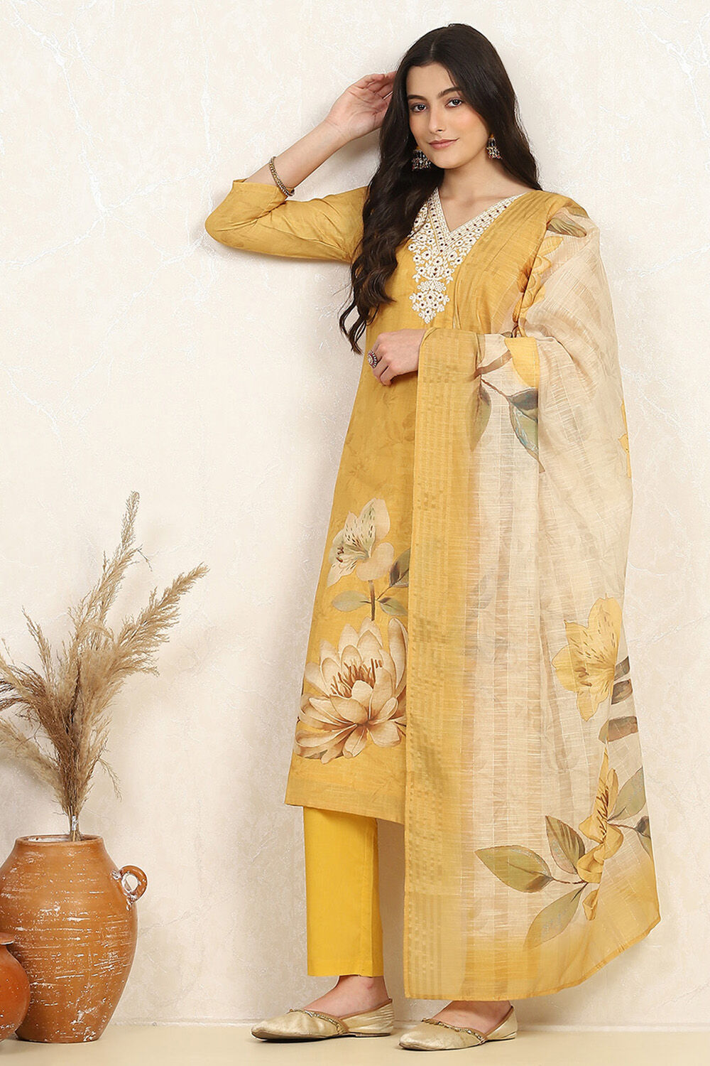 Mustard Linen Blend Digital Print Unstitched Suit Set image number 1