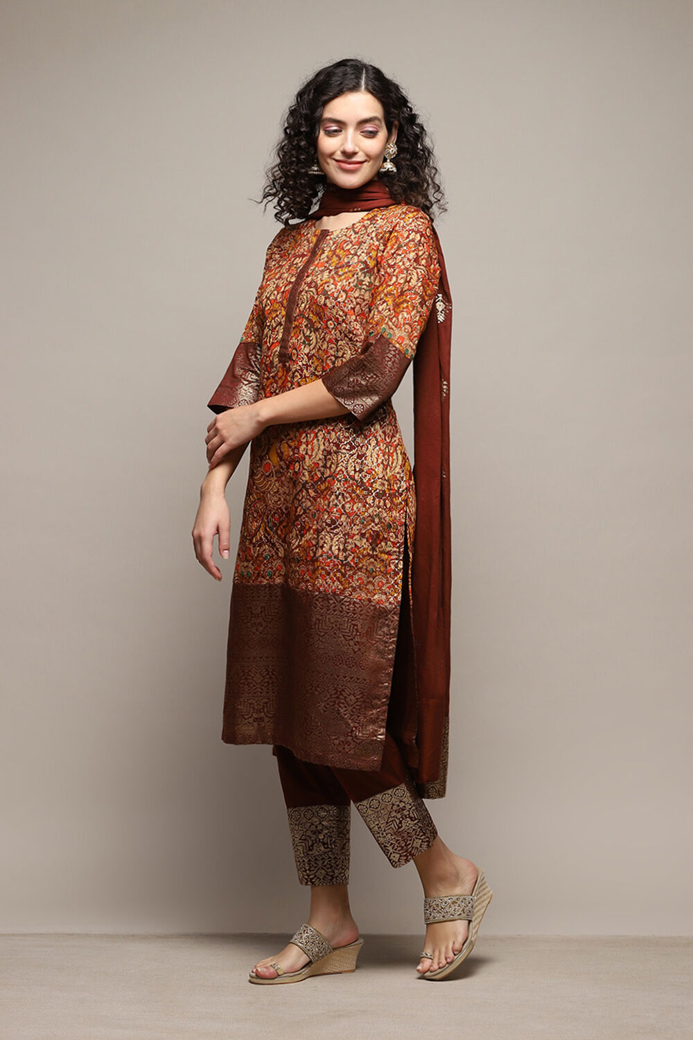 Choco Brown Cotton Blend Straight Printed Kurta Afgan Pant Suit Set image number 4