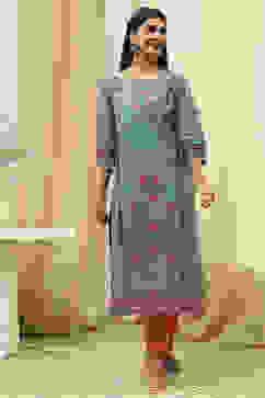 Teal Cotton Printed Straight Kurta image number 0