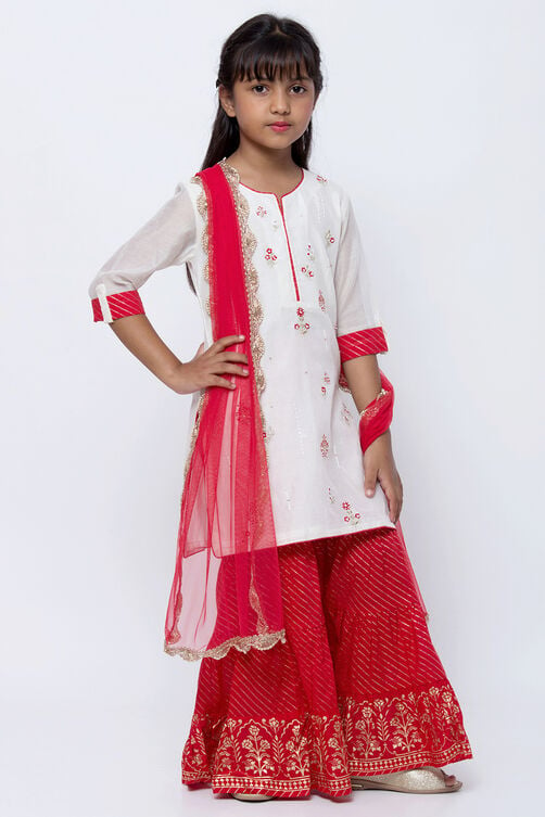 Off White And Red Cotton Sharara Kurta Sharara Suit Set image number 3