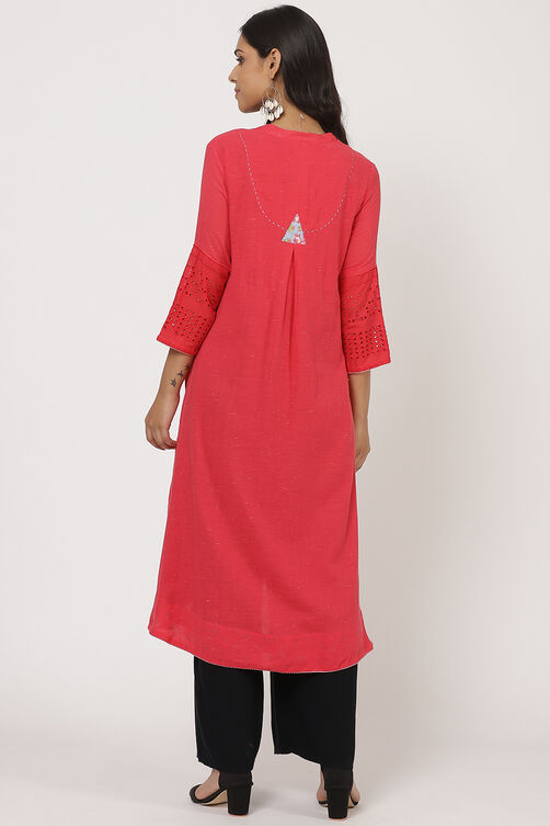 Pink Cotton A-Line Kurta image number 5