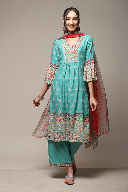 Sea Green LIVA Gathered Kurta Palazzo Suit Set image number 7