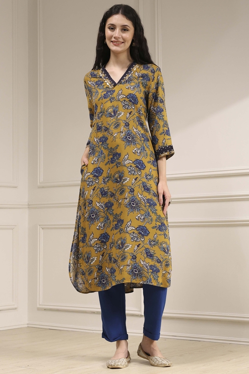 Mustard Yellow Printed Straight Kurta image number 5