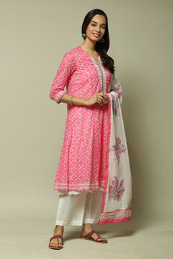 Pink Cotton Anarkali Kurta Palazzo Suit Set image number 6