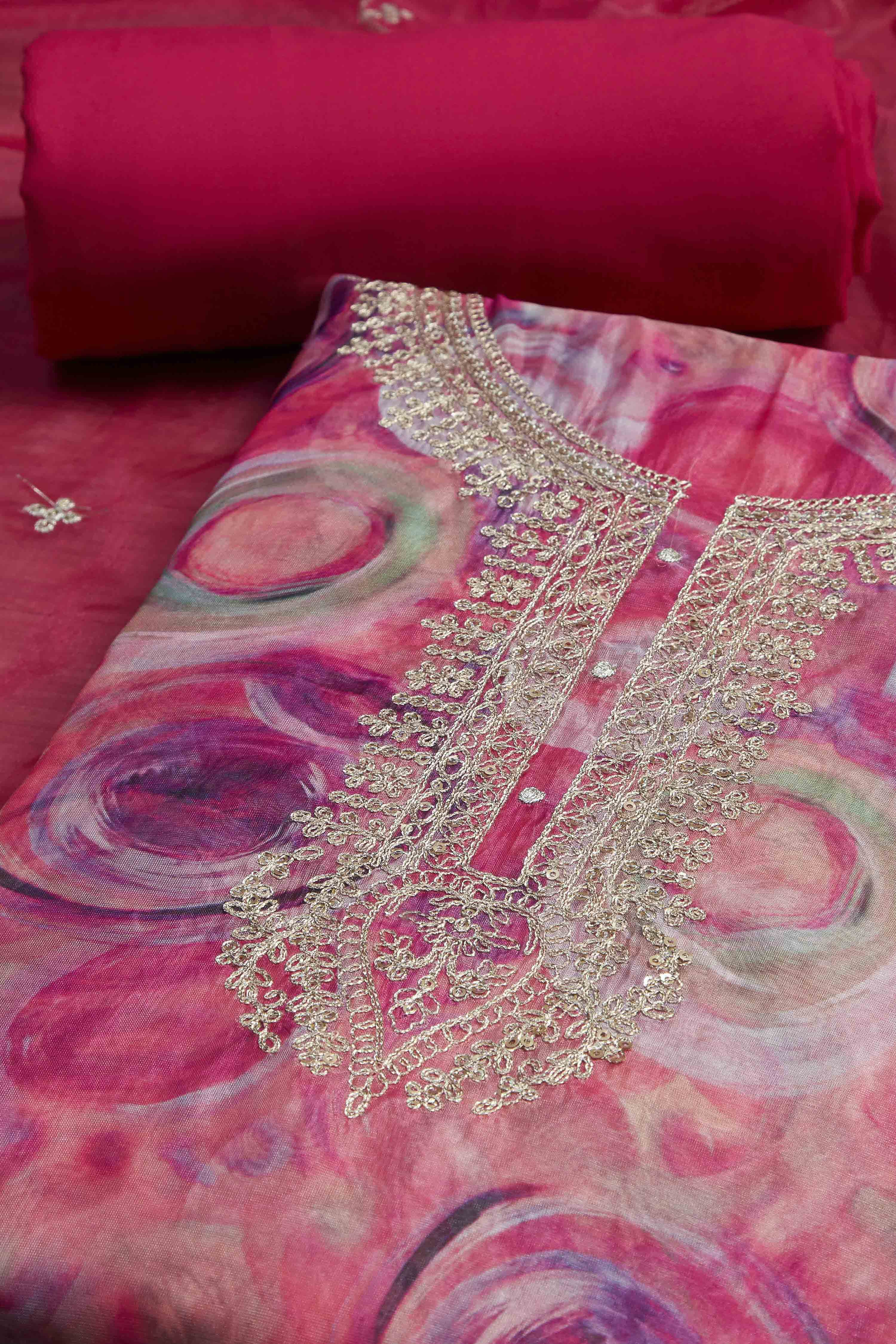 Peach-Colored Organza Rajasthani Print Unstitched Suit Set image number 1