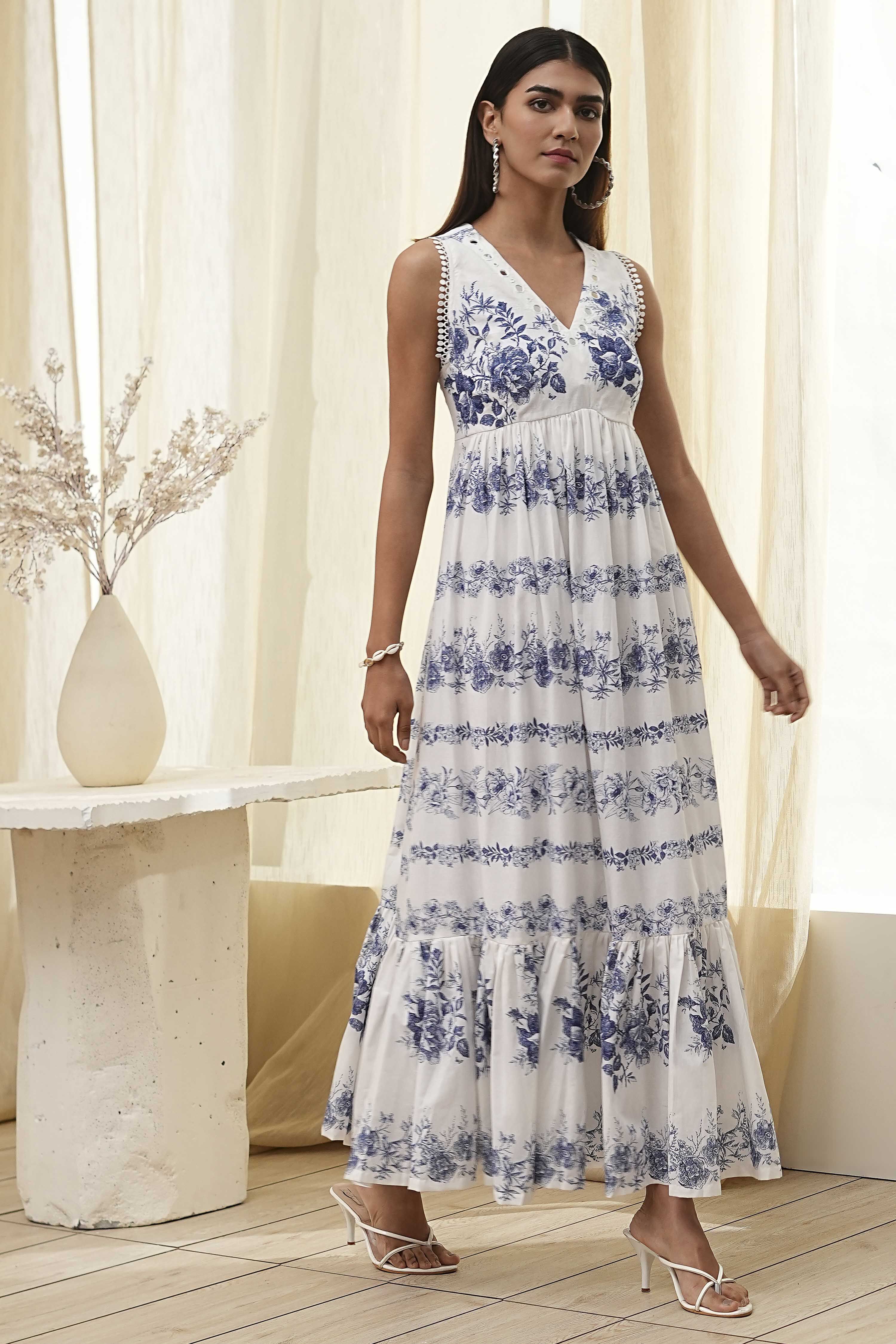 Off-White and Blue Cotton Floral Tiered Dress image number 4