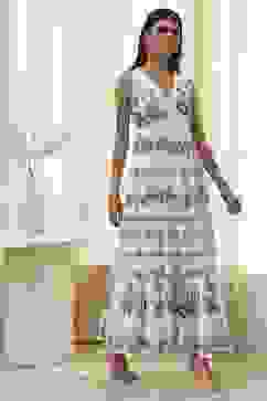 Off-White and Blue Cotton Floral Tiered Dress image number 4