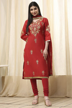 Red Poly Chanderi Fitted Suit Set image number 6