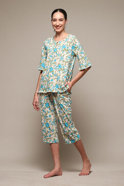 Off White & Turquoise Cotton Printed 2 Piece Sleepwear Set image number 3
