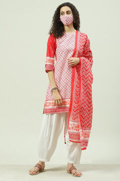 Red And White Cotton Straight Kurta Palazzo Suit Set image number 2