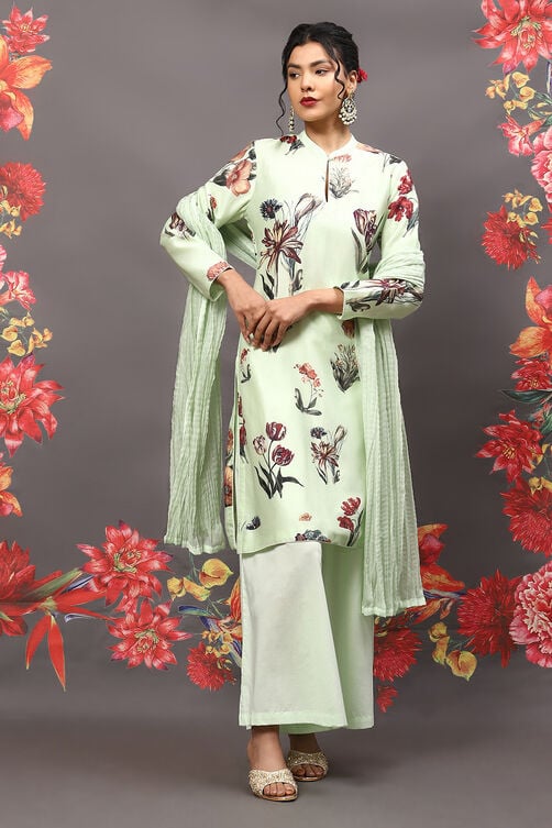 Rohit Bal Mint Green Cotton Blend Straight Kurta Suit Set image number 7
