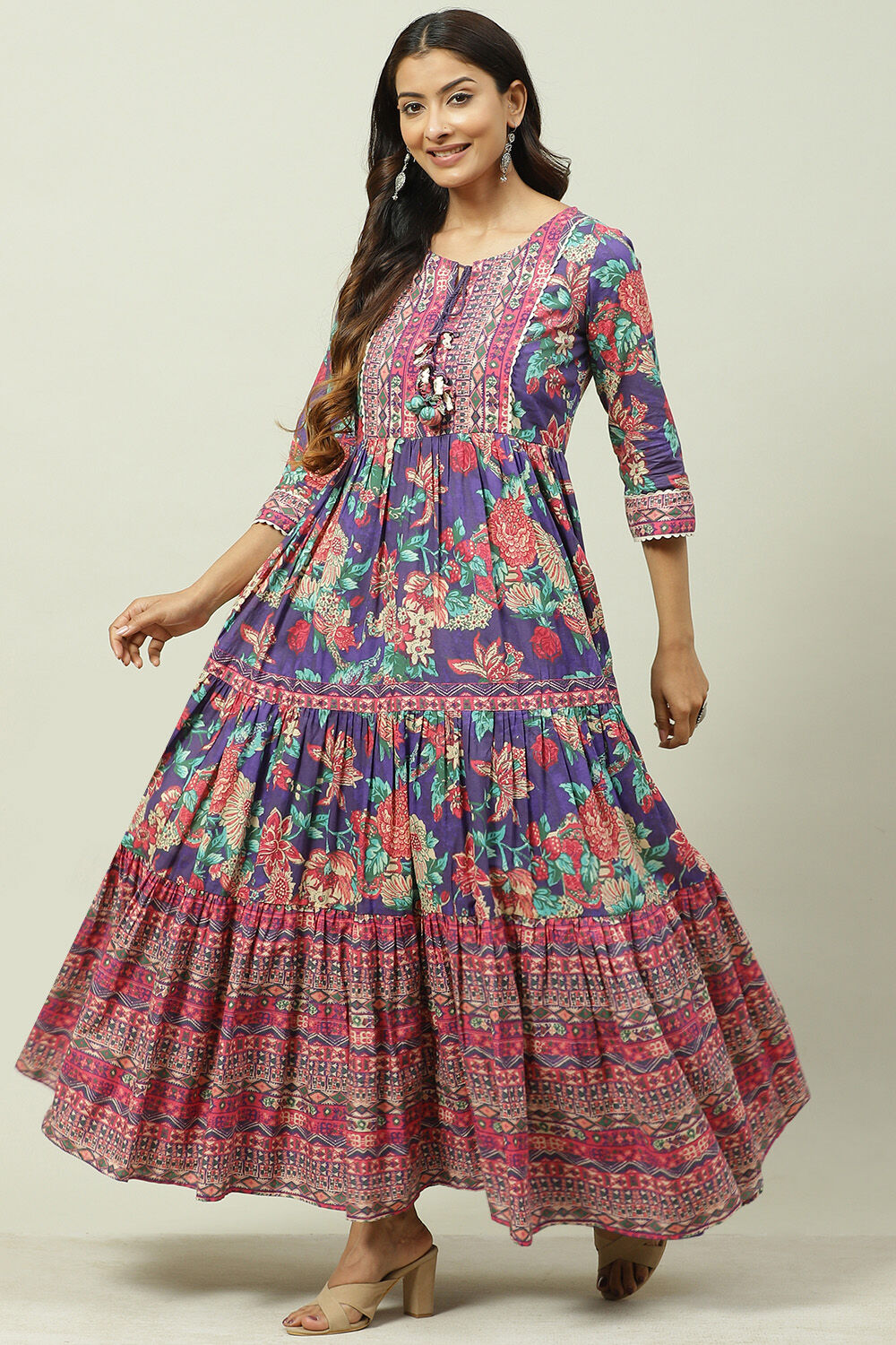 Purple Cotton Flared Fusion Dress image number 2