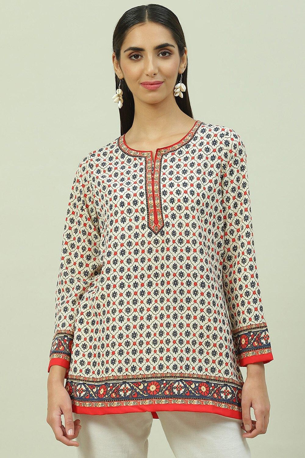 Off White Art Silk Straight Printed Kurti image number 0