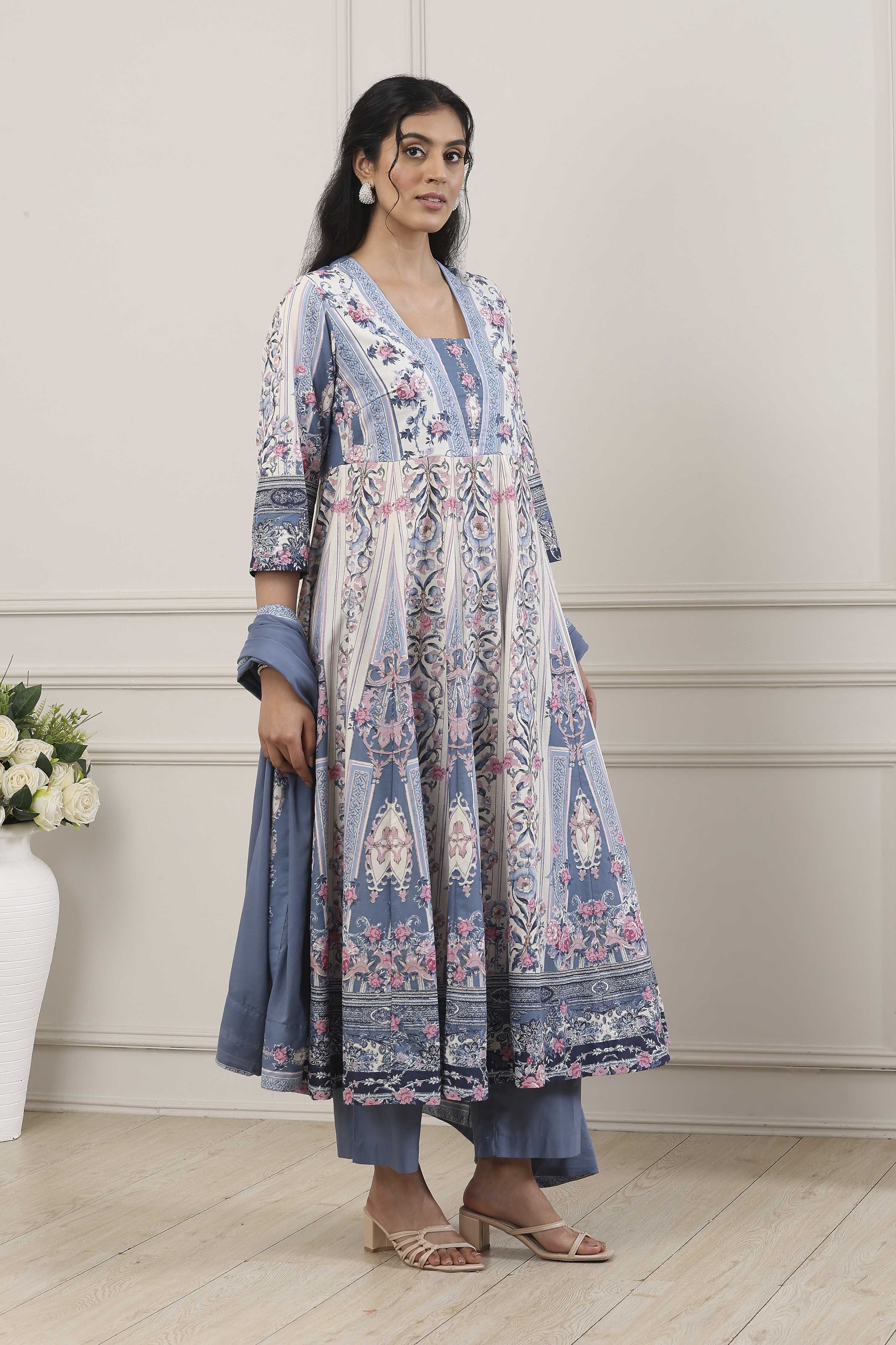 Blue Cotton Anarkali Suit Set image number 5