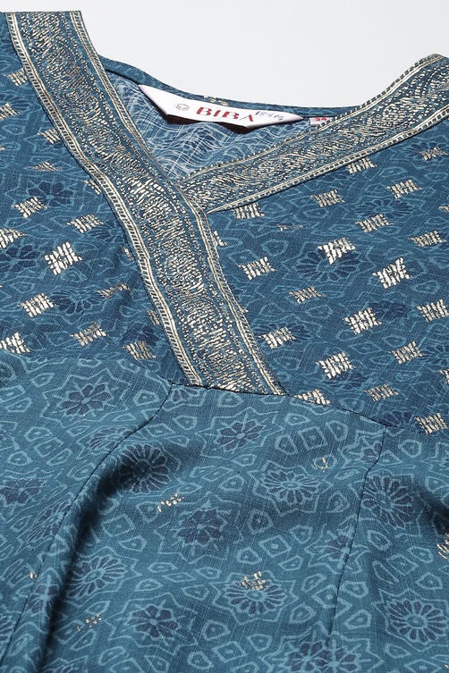 Teal Rayon Flared Printed Kurta image number 1