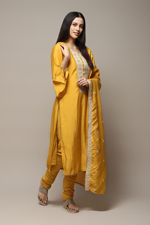 Yellow Chanderi Hand Embroidered Unstitched Suit Set image number 7