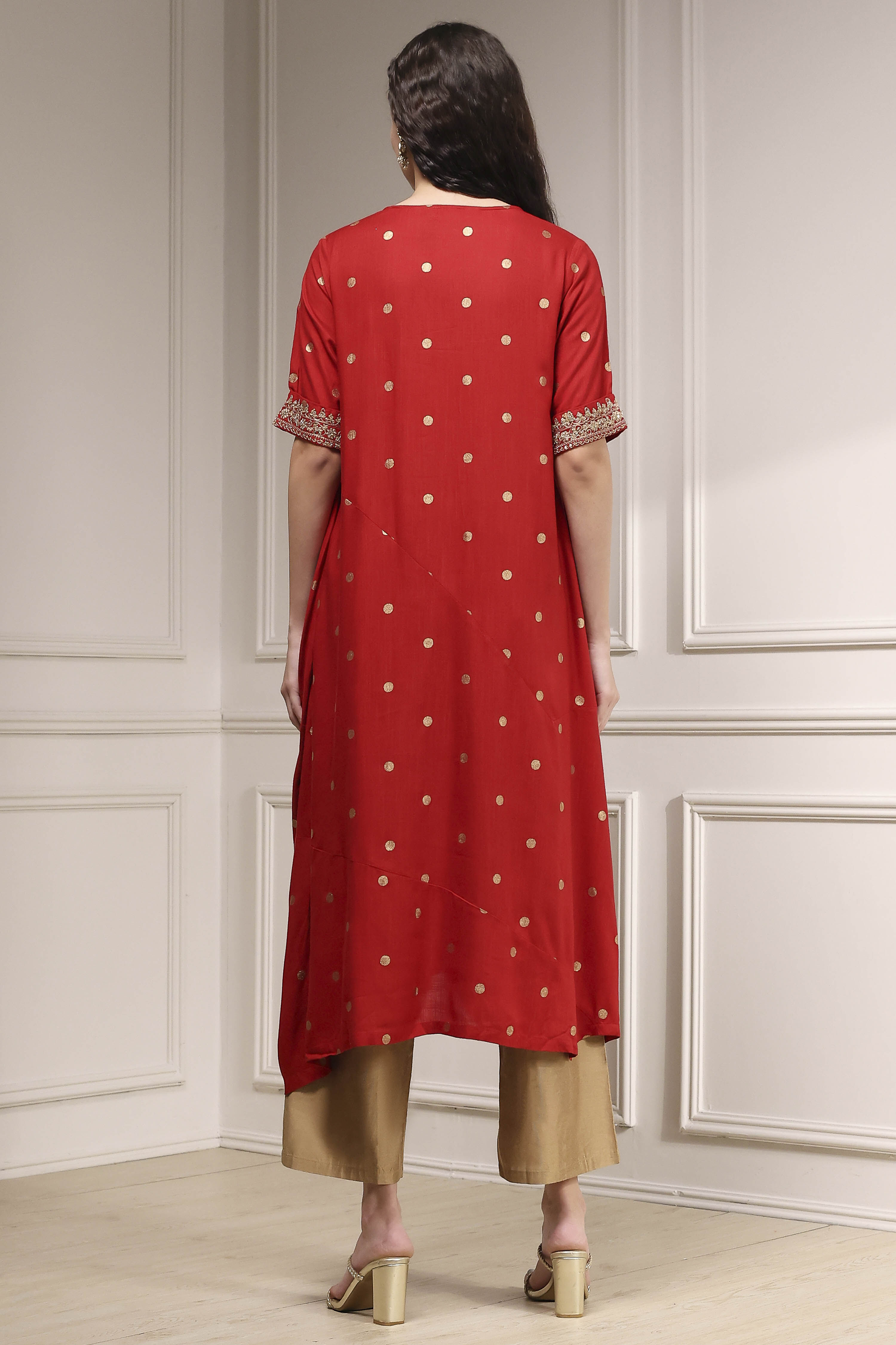Red Printed Asymmetric A-Line Kurta image number 3
