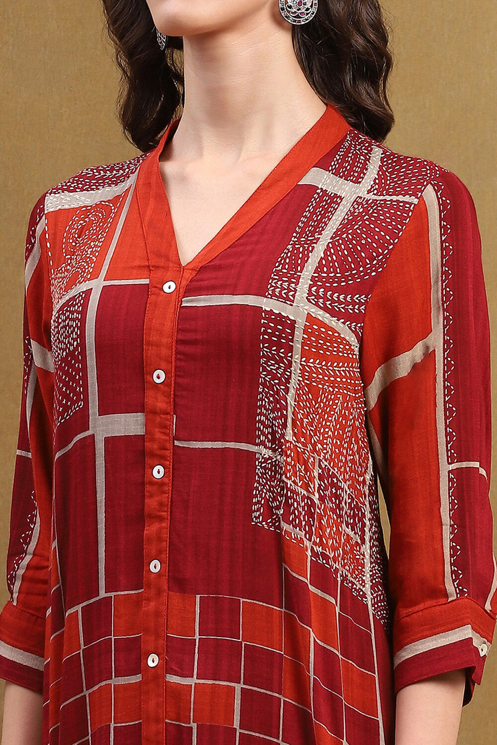 Red Geometric Hand-Blocked Printed Straight Kurta Set image number 1